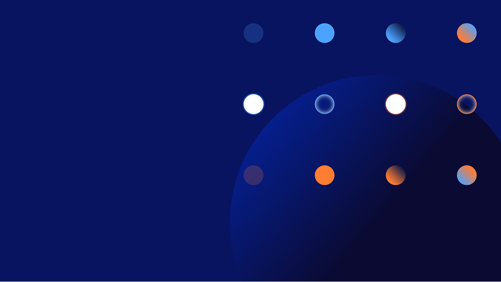 Abstract dark blue background with a large curved sphere and a grid of twelve glowing circular dots in blue, white, and orange
