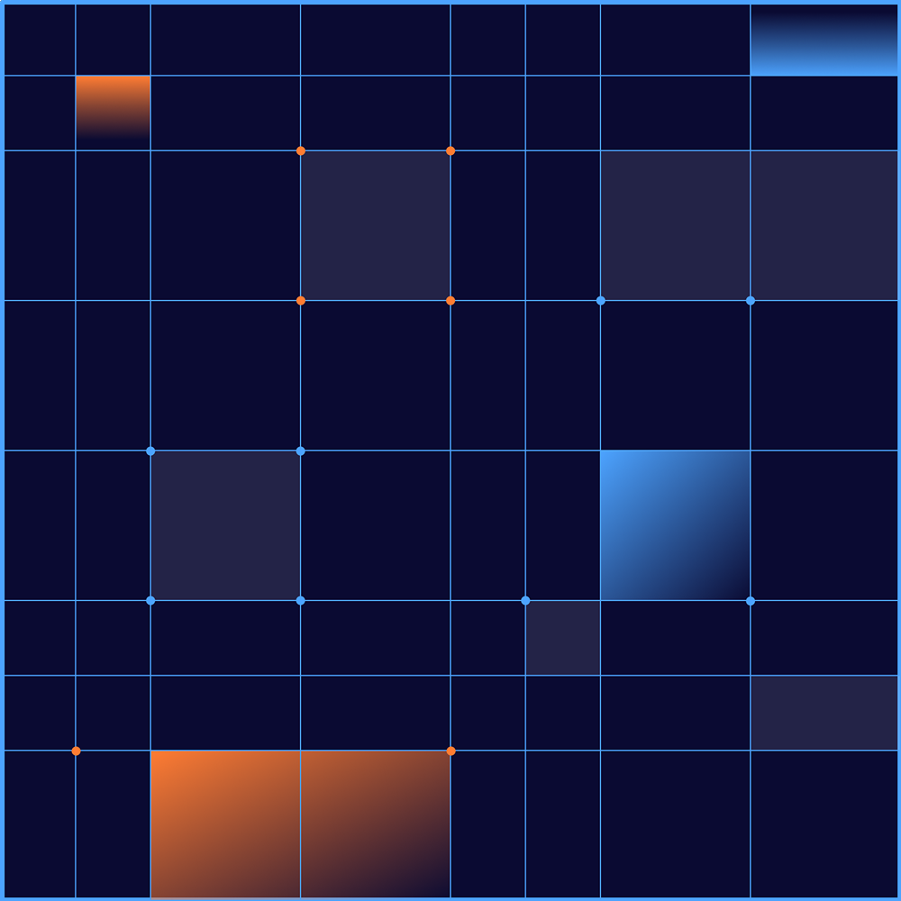 Dark blue grid network with highlighted geometric rectangular segments and nodes glowing in shades of orange and bright blue