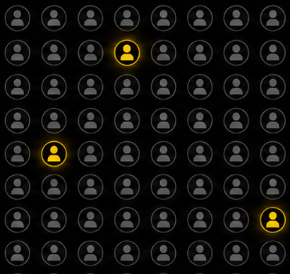A grid of gray profile icons on a black background, with three glowing yellow icons highlighted at different positions