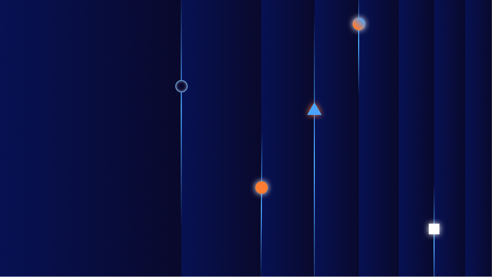 Abstract dark blue background with vertical lines featuring glowing geometric shapes like circles, a triangle, and a square
