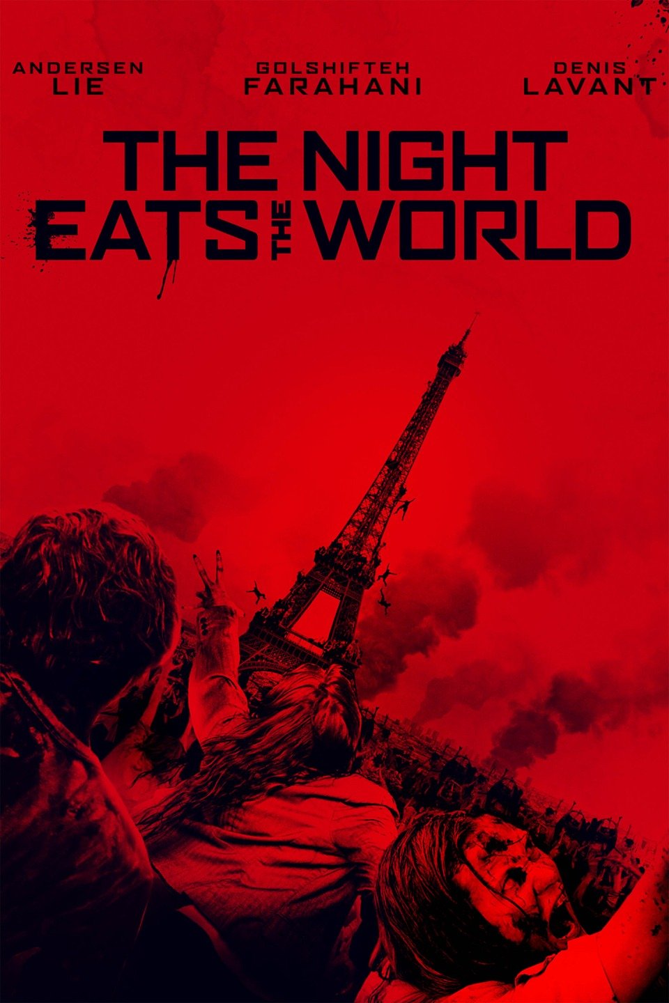 Movie poster for The Night Eats the World in black and red with horde of zombies clustered near Eiffel Tower, France, with plumes of smoke in distance.