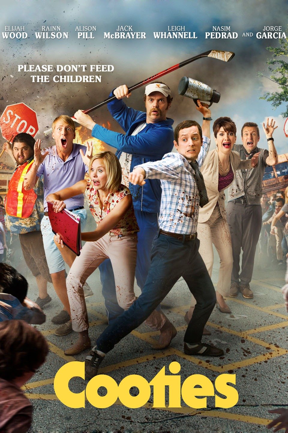 Movie poster for zombie film Cooties with cast comically fighting off unseen horde of zombies.