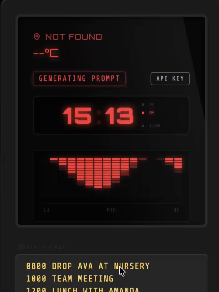 Example AI Studio-generated UI showing a dashboard with clock, histogram, and schedule components