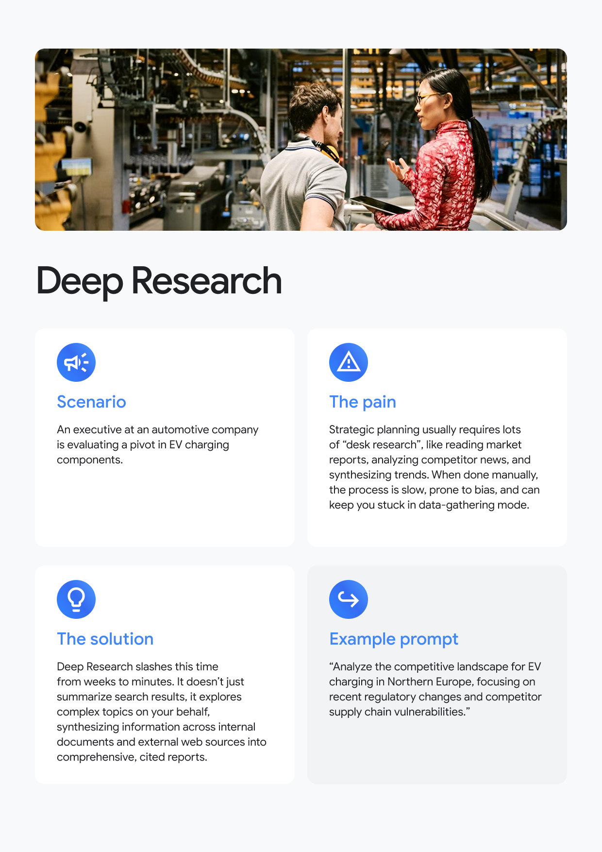 Deep Research Scenario An executive at an automotive company is evaluating a pivot in EV charging components. Ω The solution Deep Research slashes this time from weeks to minutes. It doesn't just summarize search results, it explores complex topics on your behalf, synthesizing information across internal documents and external web sources into comprehensive, cited reports. The pain Strategic planning usually requires lots of "desk research", like reading market reports, analyzing competitor news, and synthesizing trends. When done manually, the process is slow, prone to bias, and can keep you stuck in data-gathering mode. Example prompt "Analyze the competitive landscape for EV charging in Northern Europe, focusing on recent regulatory changes and competitor supply chain vulnerabilities."