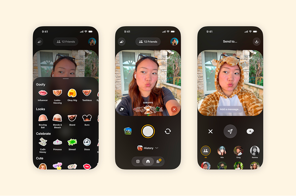 Locket app user interface with various AR filters