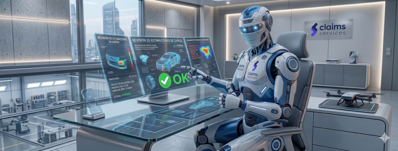 Un robot humanoide futurista analizando datos en pantallas holográficas
