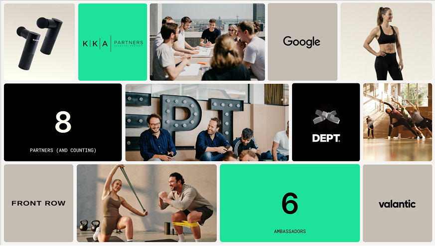Collage with fitness photos and partner logos like Google, Dept, and valantic