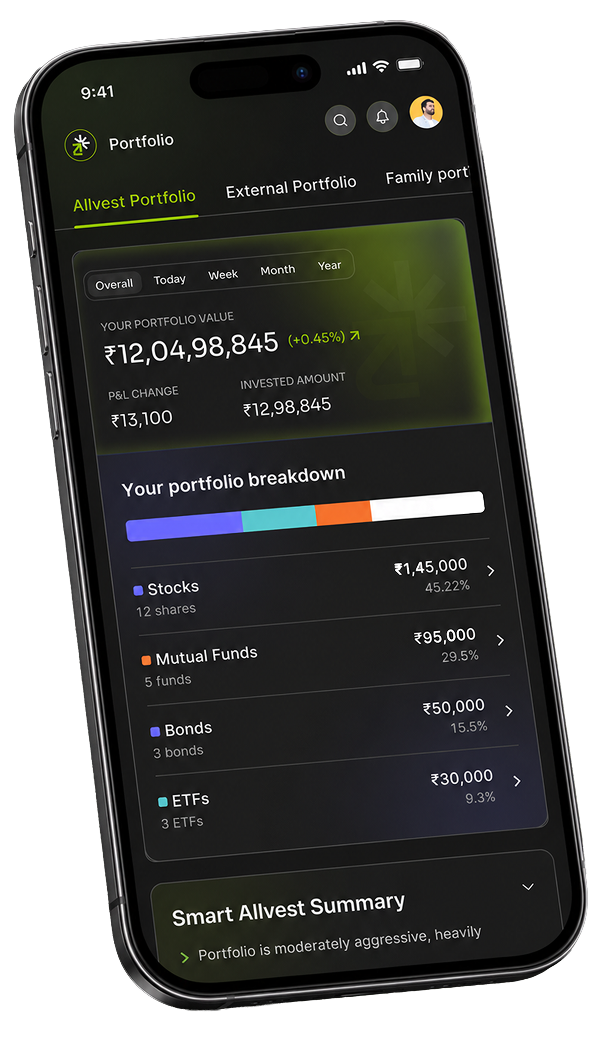 Mobile application interface with a dark theme, branded as "Allvest"