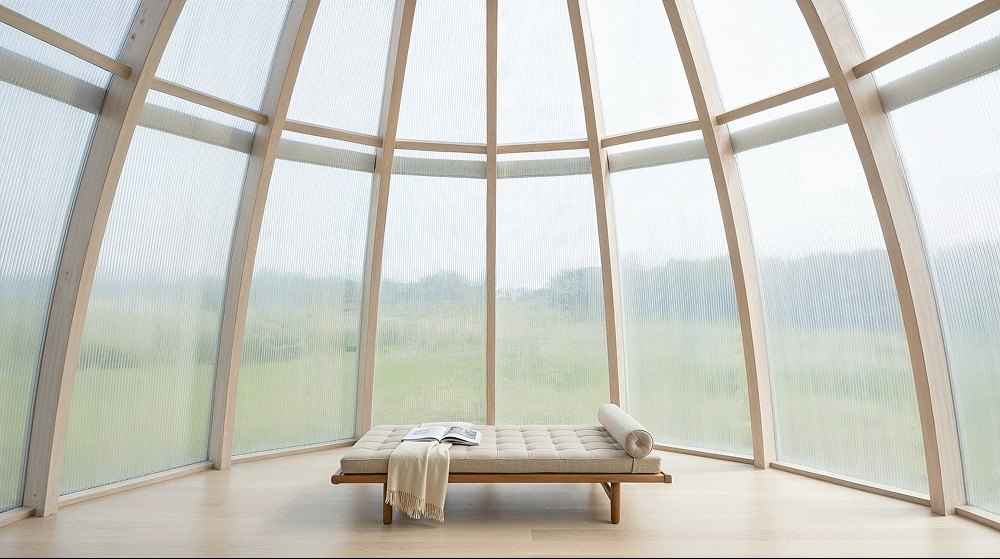 A minimalist daybed sits in a light-filled dome with ribbed glass walls, overlooking a soft, green landscape