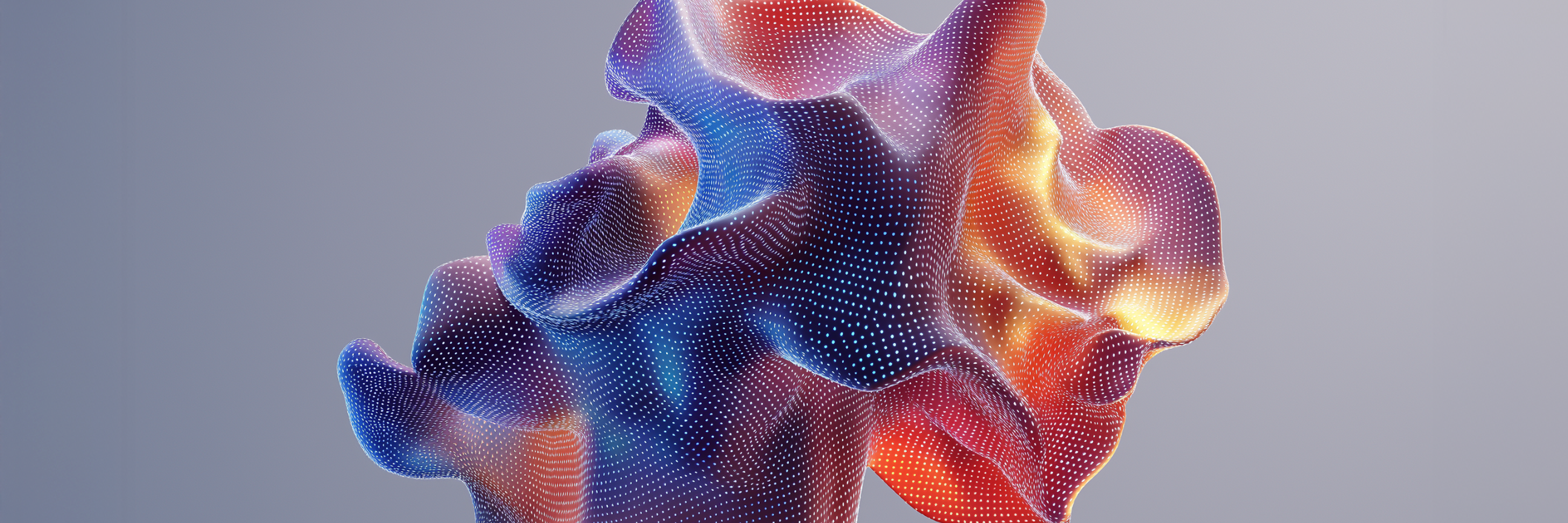 An abstract, flowing 3D shape with a colorful, dotted texture against a gray background."