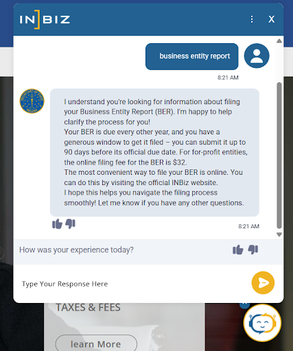 INBiz portal chat interface