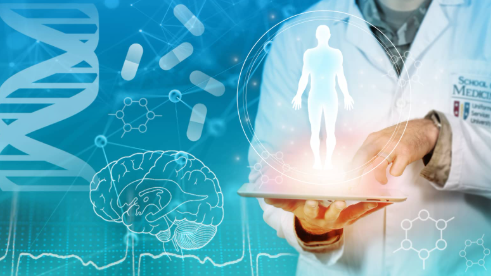 medical icons with doctor holding a tablet with human body hologram