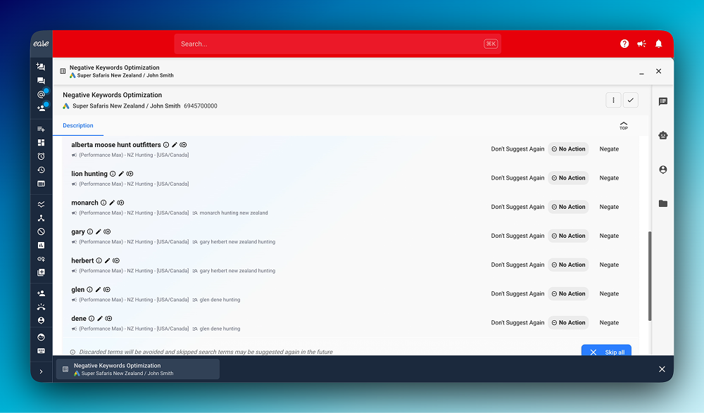 Screenshot of 'Negative Keywords Optimization' tool interface