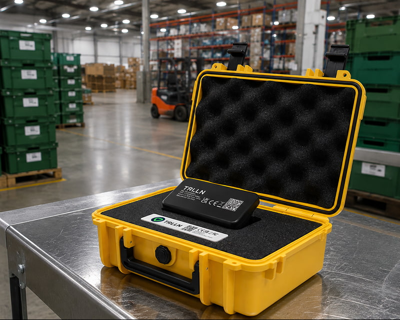 An open, heavy-duty yellow protective carrying case with TRLLN inventory