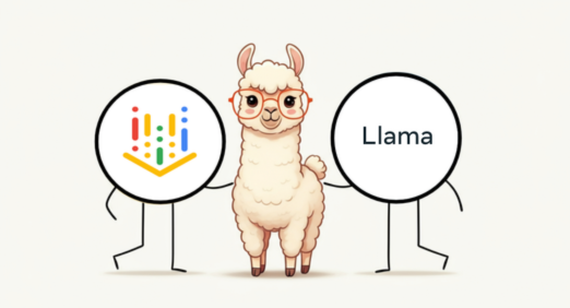 Vertex AI and Llama text logo with cartoon llama between them
