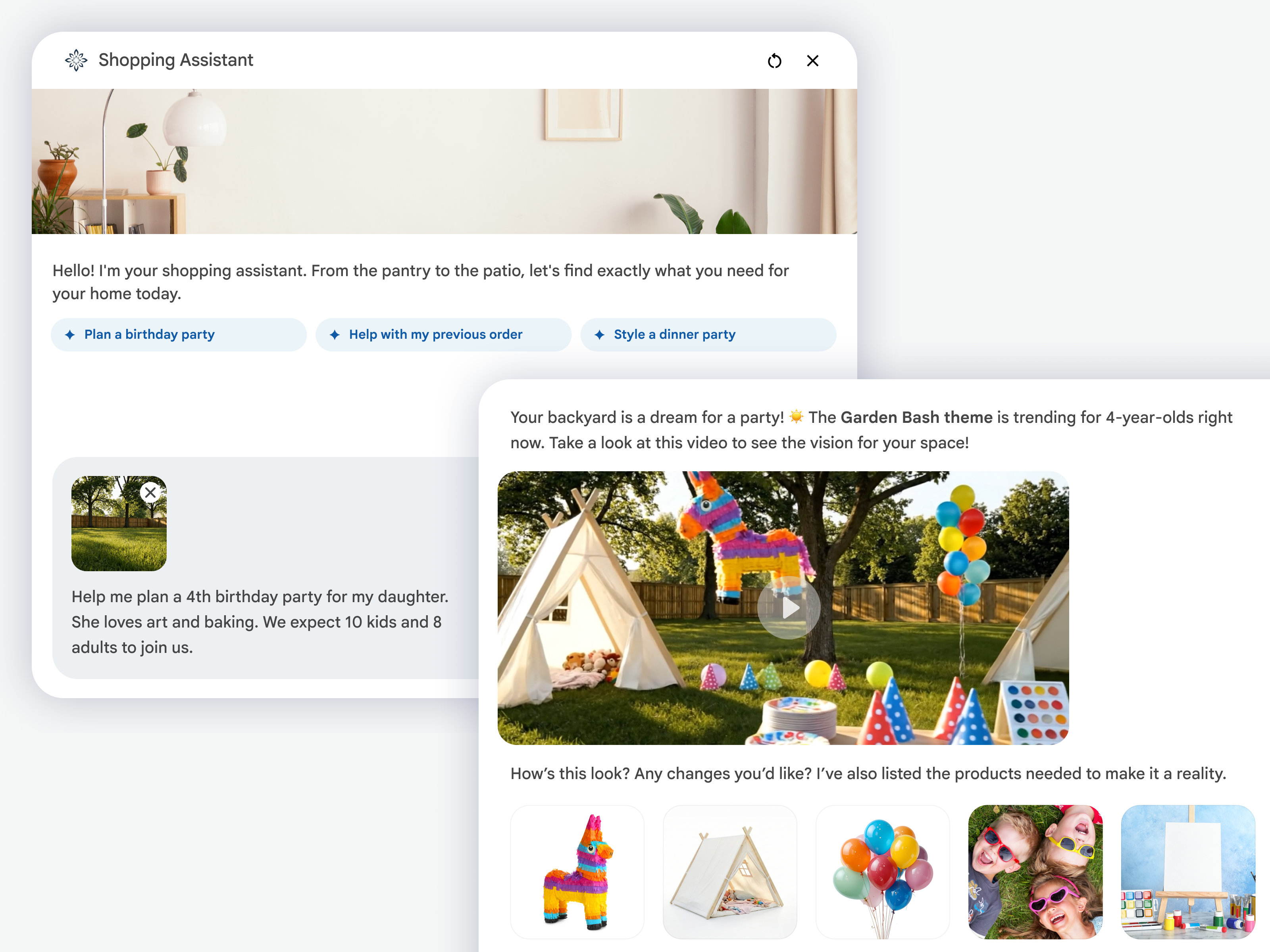 Two UX screens of a shopping agent on a fictitious site.