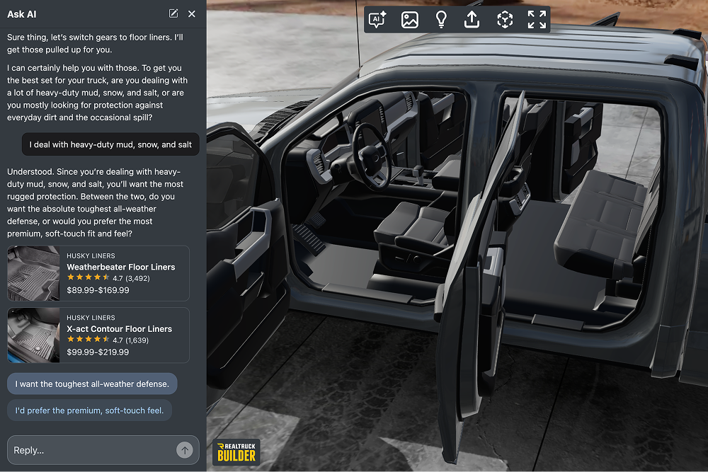 Ask AI chat recommending Husky Liners floor mats next to a 3D visualization of a truck interior with open doors