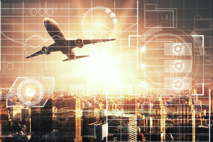 Digital overlay of a jet flying over a glowing city skyline at sunset, featuring various data graphs and circular UI elements