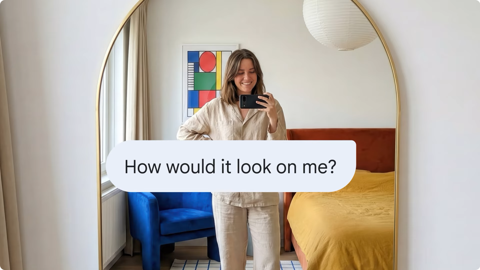 YouTube video thumbnail featuring a woman taking a photo in a mirror asking AI agent how clothing would look on her 