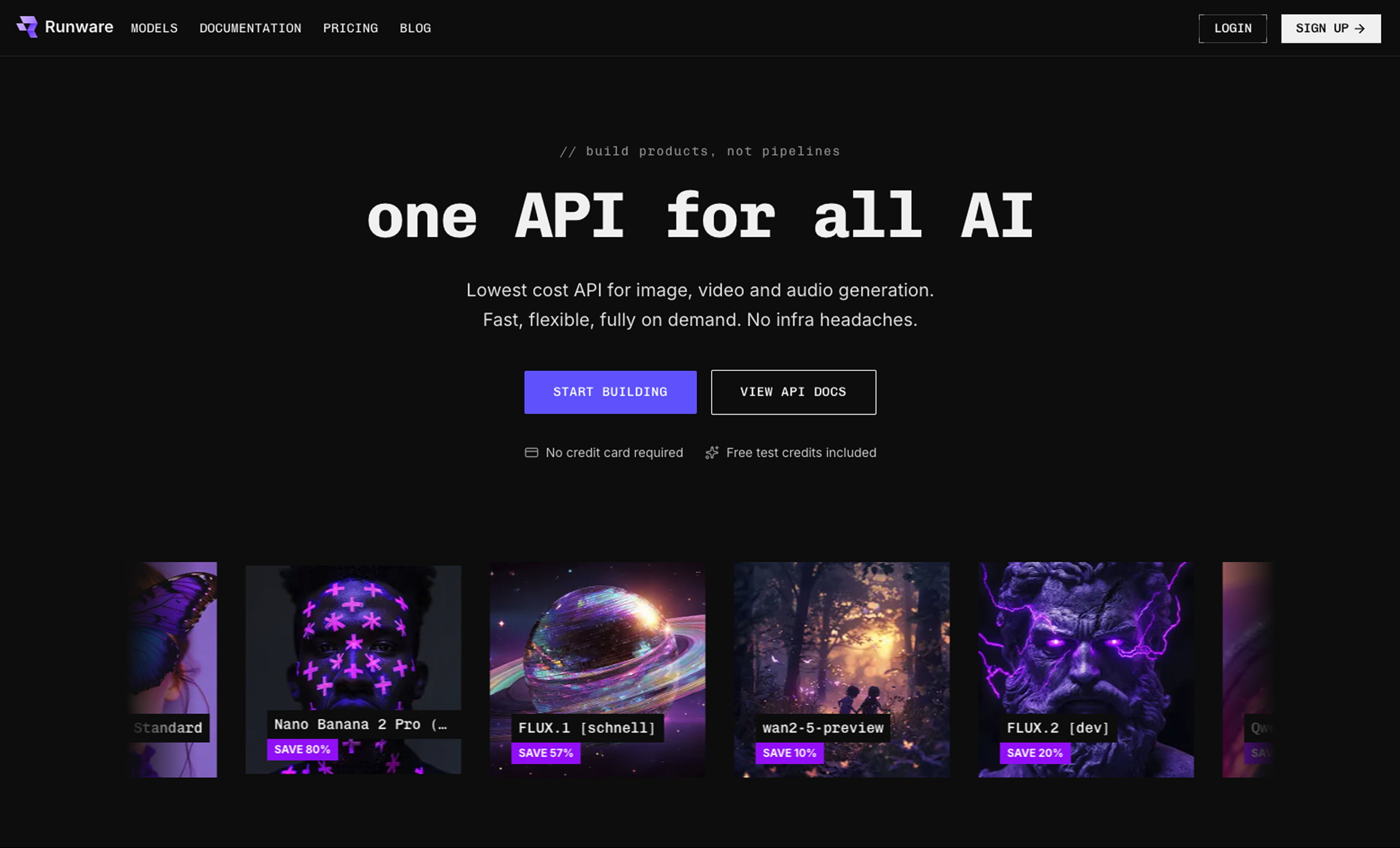 Runware homepage featuring one API for all AI text
