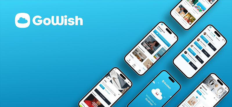 GoWish app interface on multiple smartphones