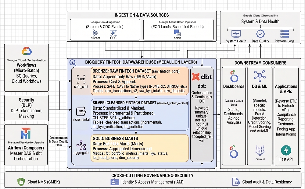 Google Cloud architecture diagram showing data flowing from ingestion to BigQuery Medallion layers, managed by dbt and consumers