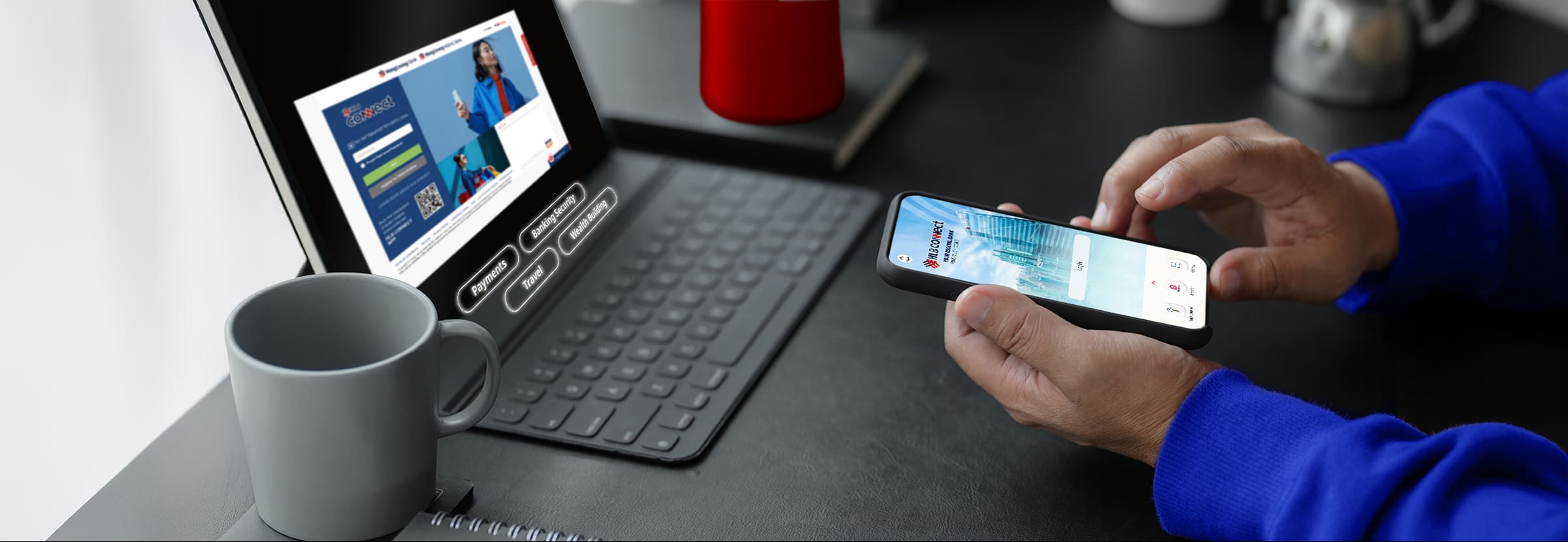 Person using HLB app on phone and laptop