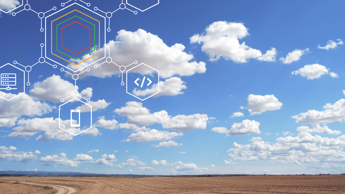 horizon with clouds and tech icons