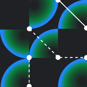 A graphical design with squares and semi circles in shades of black, blue, and green