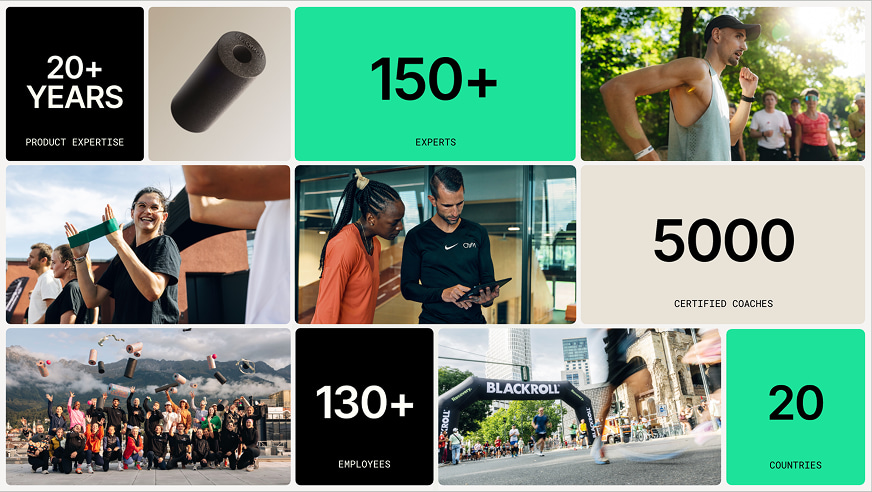 Infographic for Blackroll showing 20+ years of expertise, 150+ experts, 5,000 coaches, 130+ employees, and 20 countries