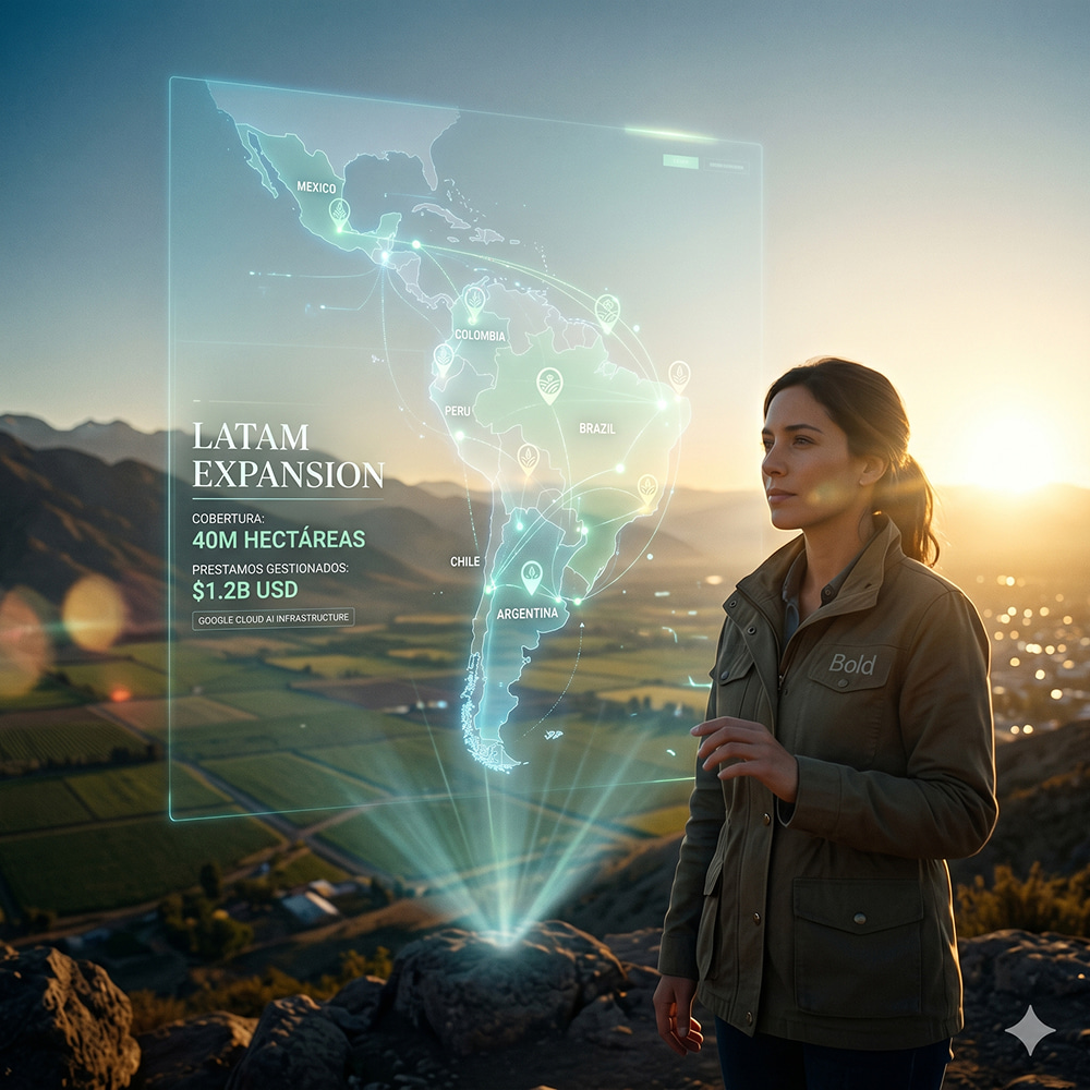 A woman overlooks a valley with a "LATAM EXPANSION" hologram showing coverage of 40M hectares across South America map