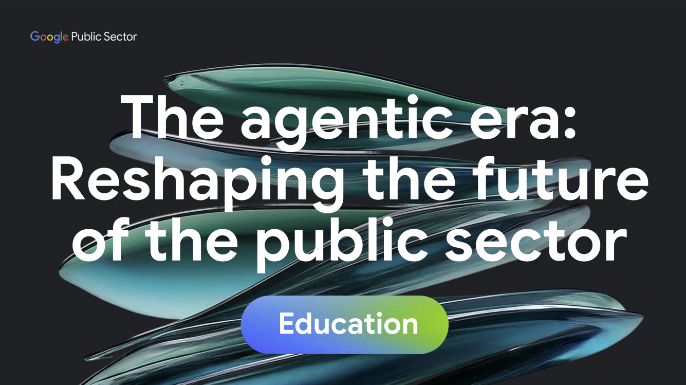 黑色背景上有綠色和藍色旋轉玻璃，以及「agentic era」標題