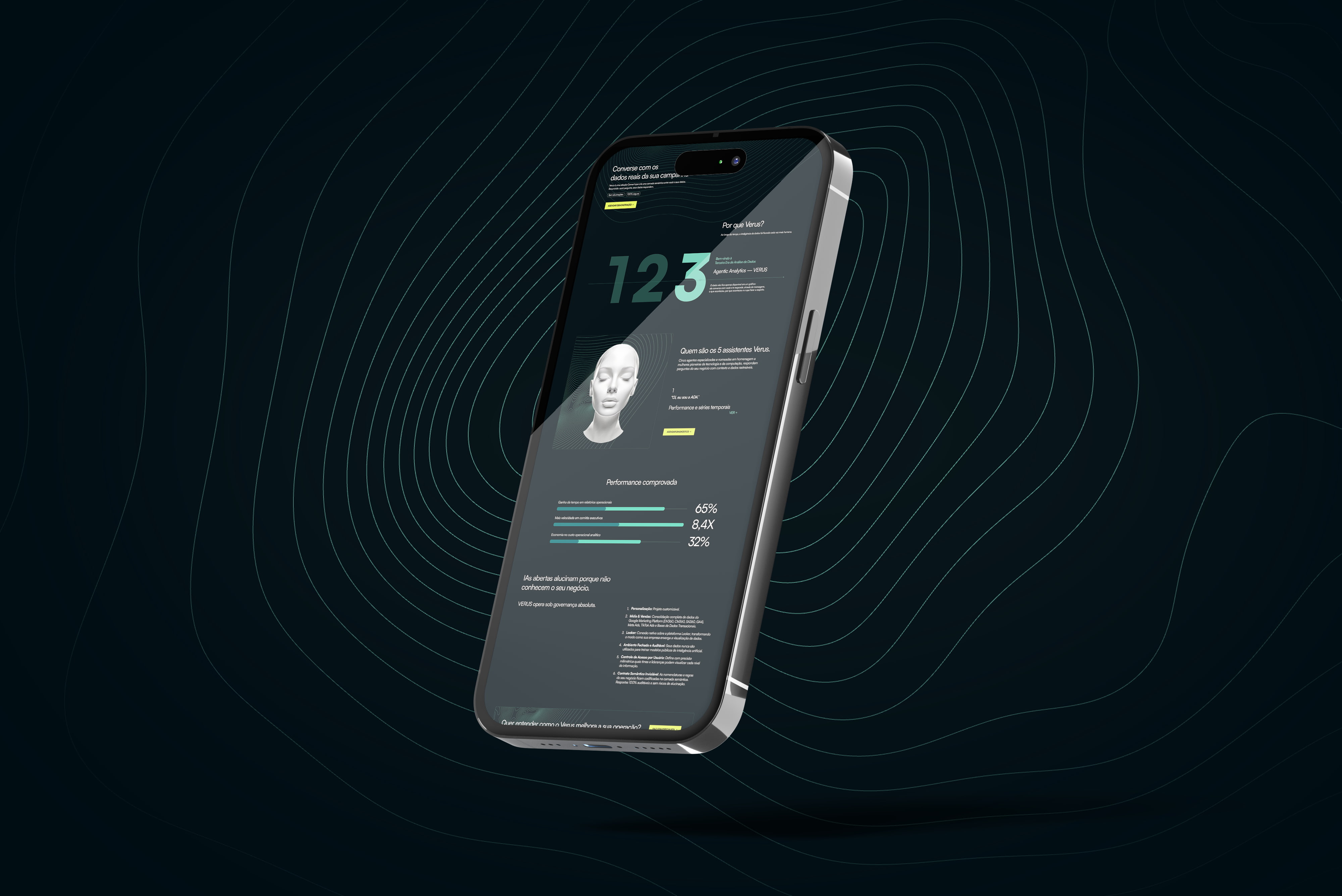 Um mockup de smartphone em tom escuro exibindo uma tela de interface com o texto grande e verde "123", gráficos, estatísticas e um modelo 3D de uma cabeça
