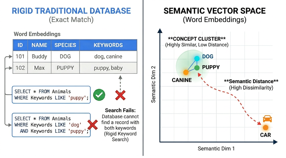 Rigid traditional databases vs semantic vector space diagram
