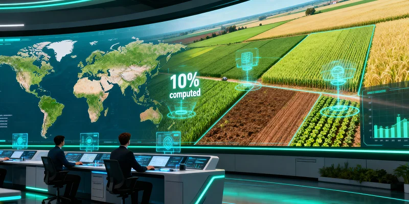 A futuristic command center monitors global agriculture on a large screen displaying a world map and "10% computed"