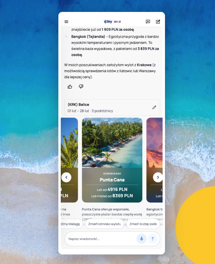 A travel app interface displaying flight and hotel packages from Krakow to Punta Cana and Bangkok with prices