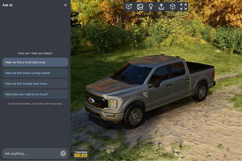 A screenshot of the "Ask AI" interface for RealTruck Builder, featuring a silver Ford pickup truck in a grassy field