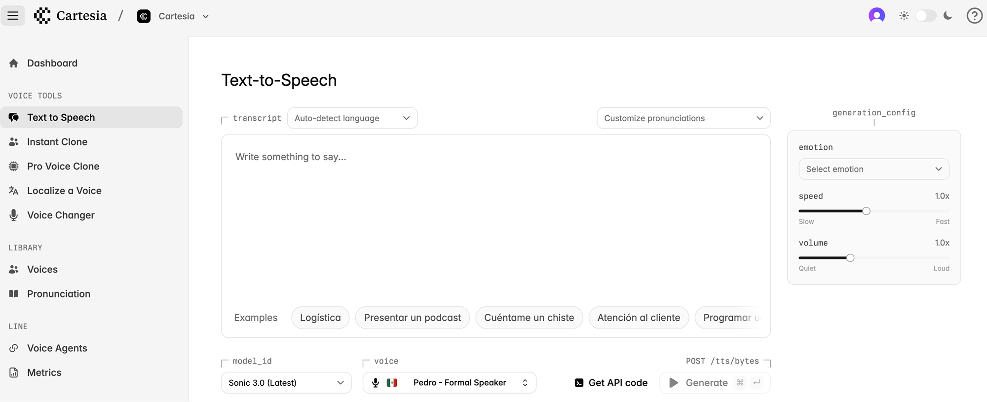 Cartesia Text-to-Speech interface with Pedro voice selected
