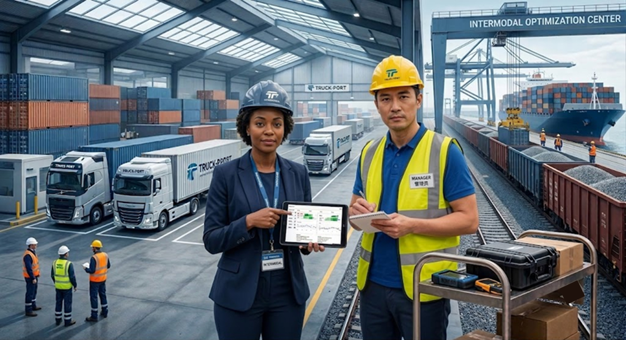 The image shows two managers, one holding a tablet, at a busy "Intermodal Optimization Center" with trucks, trains, and a ship