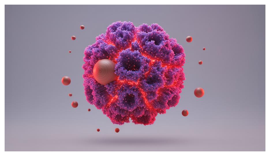 An abstract red and purple floating organic looking sphere with tiny spheres dynamically moving away from it
