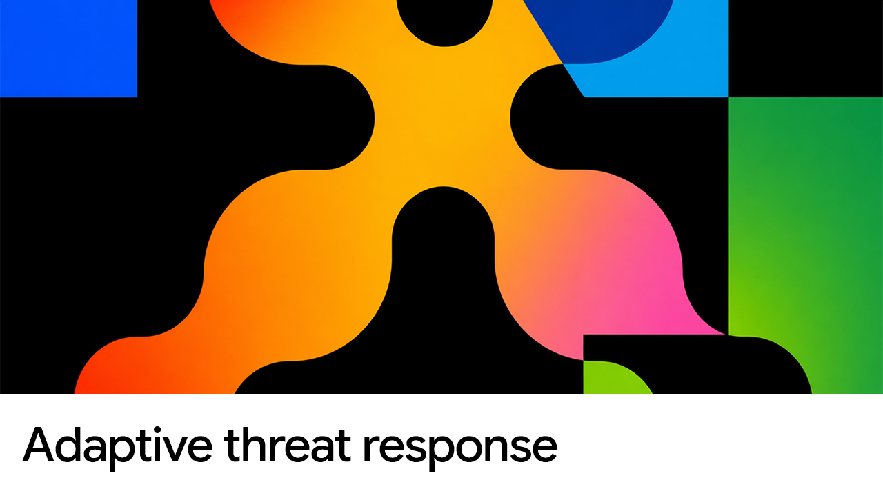 Abstract graphic with bold, colorful gradient shapes against a black background with text 'Adaptive threat response'