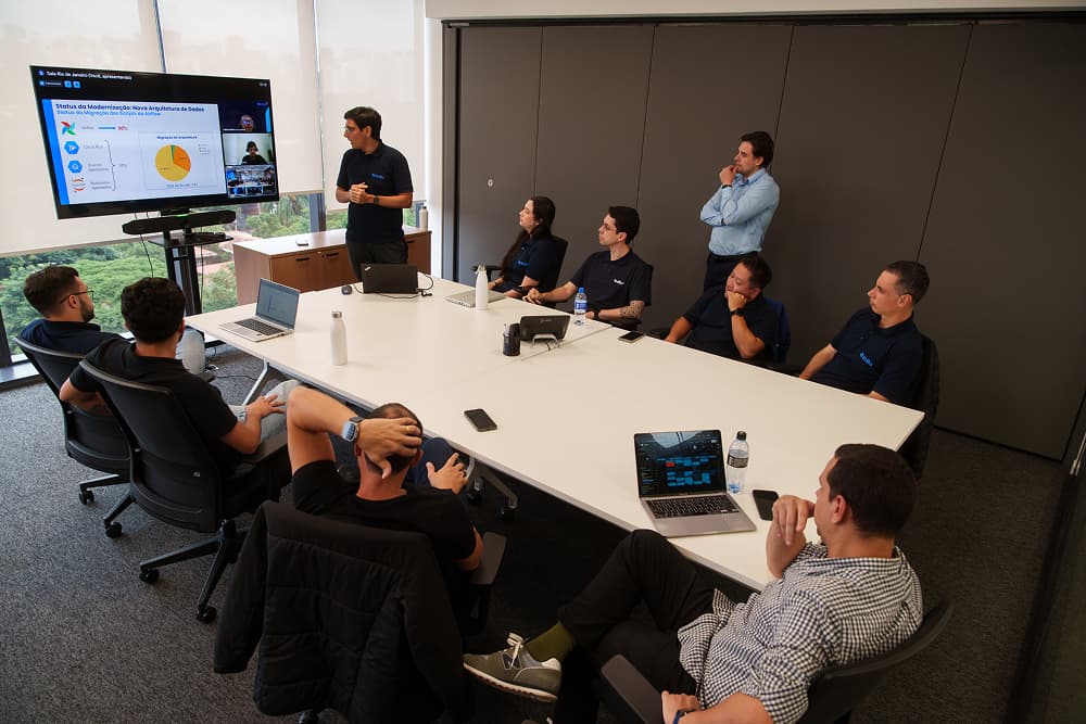 Team meeting in a modern office with presentation