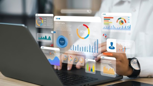 personal using laptop with visual representation of data