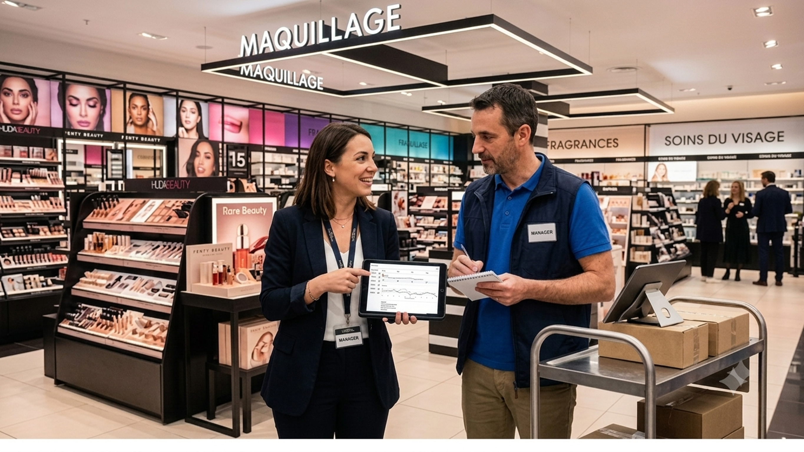 Two managers discuss data on a tablet in a beauty store featuring brands like Fenty and sections like Maquillage