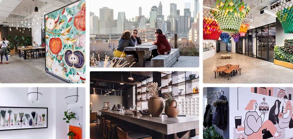 A collage of six photos showing creative office spaces with colorful murals, hanging paper art, a rooftop terrace, and a modern cafe