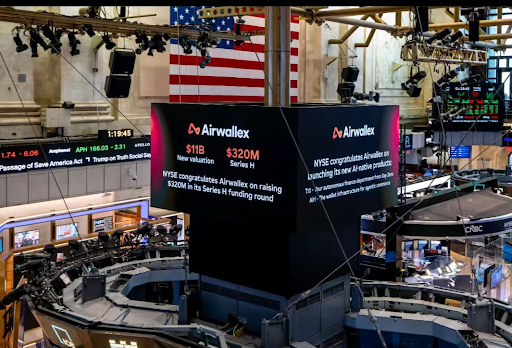 The New York Stock Exchange floor displays congratulating Airwallex on its $320M Series H round