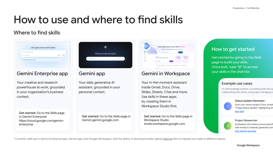You can find skills in Gemini Enterprise, Gemini app, and Gemini in Workspace