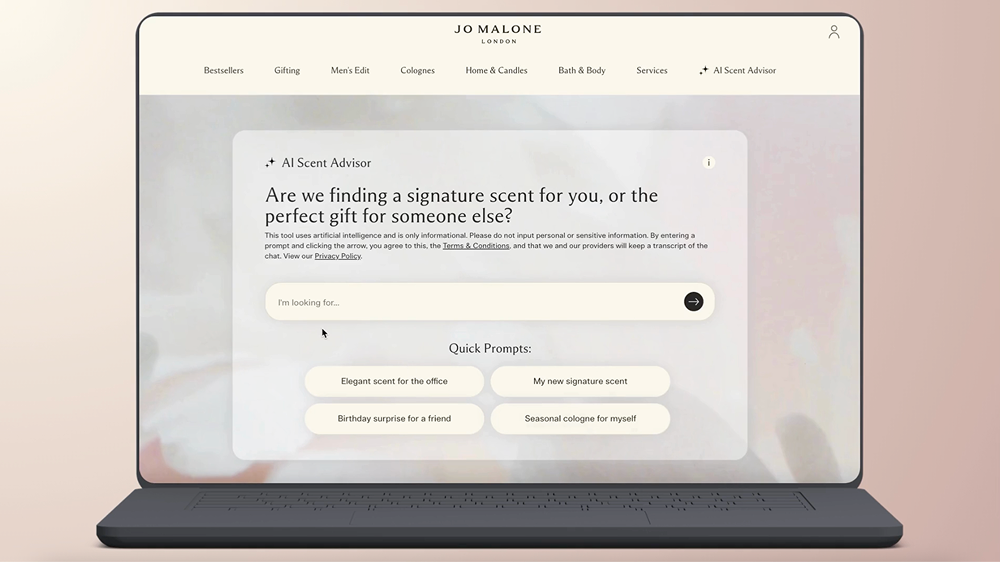 Jo Malone AI Scent Advisor interface on a laptop screen