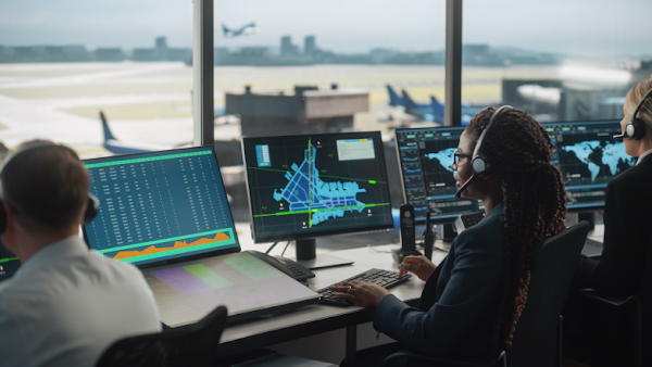 three people viewing air traffic control monitors overlooking an airfield 