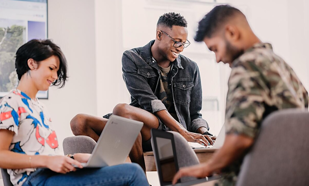 Working together on laptops